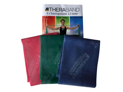 Træningselastik fra TheraBand 2,5 m rød, grøn, blå