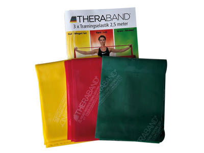 Træningselastik fra TheraBand 2,5 m gul, rød, grøn